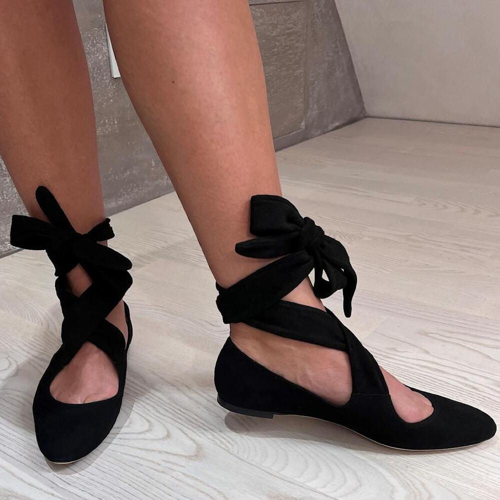 The Row Elodie Velvet Ballet Flats‎ Black Wrap Ankle Tie Almond Toe Sz 37 / 7